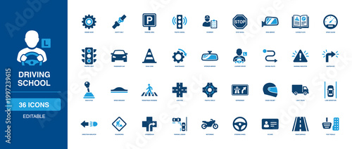 Photos Driving School solid icon set with passenger car, traffic signal, steering wheel, and road cone; visual guide artwork for learner driver, safety belt, parking area, and engine maintenance