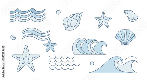 Sea Ocean Waves Starfish Illustrations.
