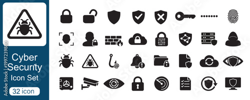 Cyber Security Silhouette Icons Set, Data Protection, Privacy, Network Safety, Hacker, Firewall, Encryption, Solid Black Vector Collection