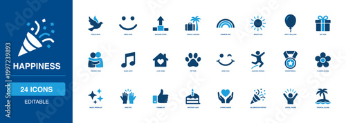 Happiness solid glyph icon set featuring Smile, Heart, Star, Sparkles, Sun, Balloon, Gift, Hug for web, mobile app, dashboard, presentation, infographic and commercial interface design