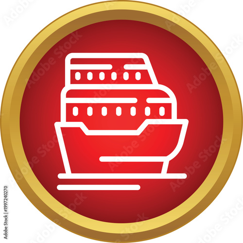 White outline cruise ship icon on a red and gold button representing sea travel