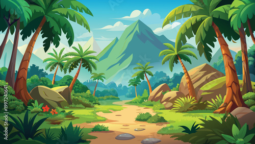 Beautiful tropical landscape with tall palm trees and a large mountain in the background under a bright blue summer sky Vector