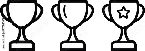 Minimalist trophy cup icons set, black line art award symbols for success and achievement, 3 vector prize illustrations for sports and business