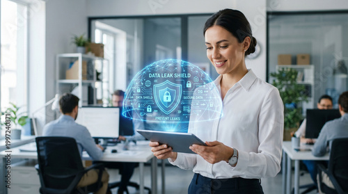 Data security shield cyber protection office technology woman tablet secure data prevent leak