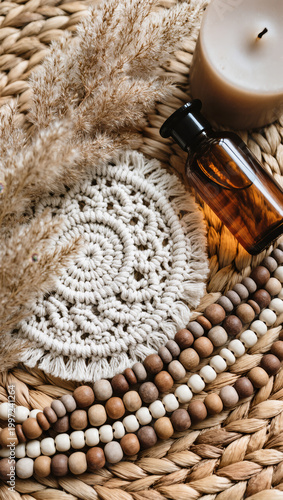 Boho Decor Flatlay with Macrame Coaster, Pampas Grass, Amber Glass Bottle, Ceramic Beads and Neutral Candle on Woven Rattan in Soft Natural Light