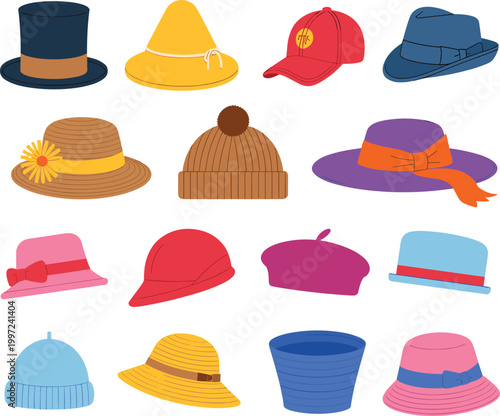 Hat vector set, stylish caps, beanies, sun hats, fashion headwear collection for men and women design illustration