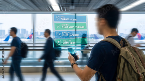 Konstfotografi Traveler holding smartphone showing navigation maps, booking details, translatio