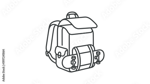 A black and white line drawing of a backpack with a skateboard attached to the front.