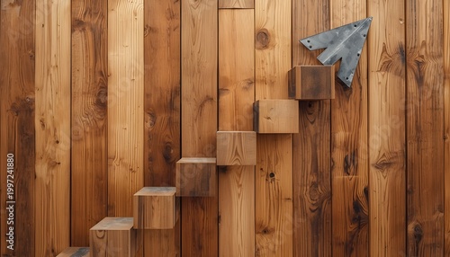 A wooden wall with a staircase and a paper airplane attached to it