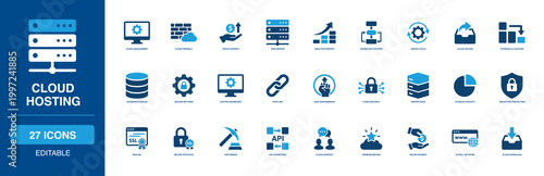 Cloud Hosting solid glyph icon set featuring Server Rack, Cloud Database, Upload Cloud, Download Cloud, Cloud Security, File Storage for web, app, dashboard, presentation and infographic