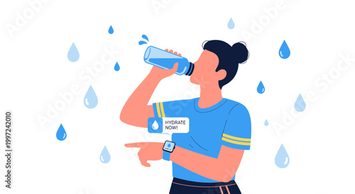 Person drinking water from bottle, smartwatch reminds to hydrate, water drops background