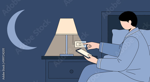 Person in bed at night using smartphone to control smart lamp and bedside table light