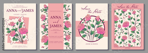 Set of elegant wedding invitation templates with pink roses, floral frames, pattern. Romantic vector collection for save the date cards, invitations, and stationery design.