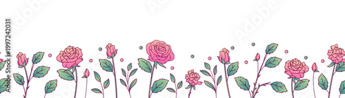 Vector floral background with pink roses. Seamless horizontal border with flowers and green leaves, decorative floral banner isolated on white background.