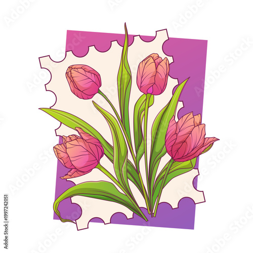 Postage stamp with tulip flowers. Botanical vector illustration with pink tulips and decorative perforated edges, vintage postal design. Perfect for flower shop decoration, cards, invitations, banners