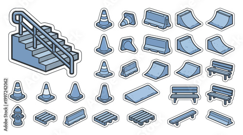 A collection of isometric urban street furniture and obstacles, including stairs, cones, barriers, ramps, and benches, suitable for game design or illustration.