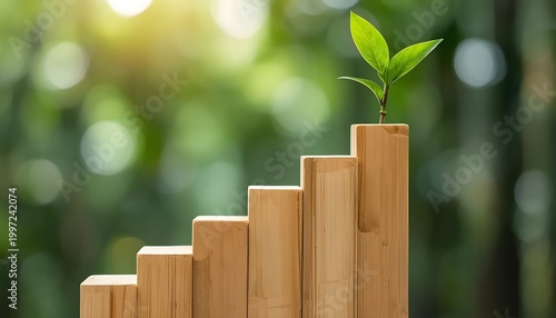 A small green plant grows on top of a wooden bar graph in a natural setting with blurred greenery and sunlight in the background.