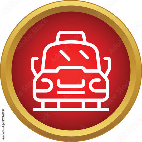 Taxi car outline symbol in a red circle with gold border representing transportation