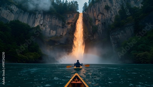 A serene kayaker paddles towards a breathtaking waterfall surrounded by lush greenery and misty atmosphere in a natural landscape.
