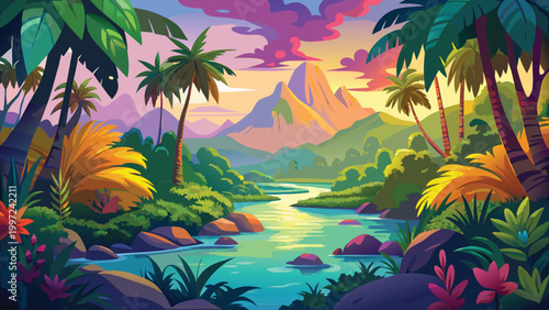Beautiful tropical landscape with palm trees and a flowing river under a colorful sunset sky in a lush green jungle scene Vector