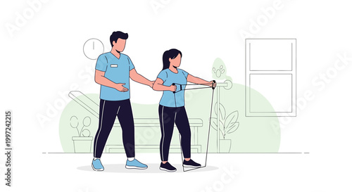Personal trainer guiding woman in resistance band exercise for strength training at home