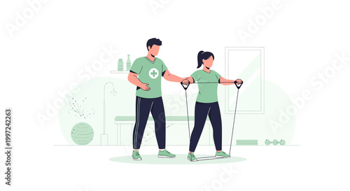 Physical therapist assisting patient with resistance band exercise in rehabilitation clinic