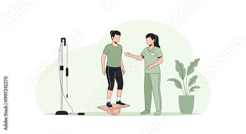 Physical therapist assisting patient with balance exercise on wobble board, rehabilitation concept