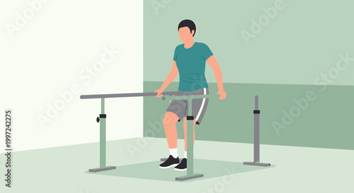 Physical therapy patient using parallel bars for rehabilitation and mobility training