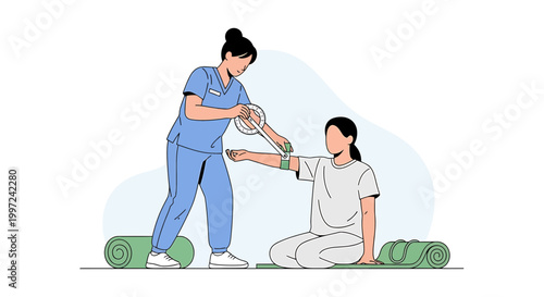 Physical therapist measures patient's arm range of motion with goniometer for rehabilitation