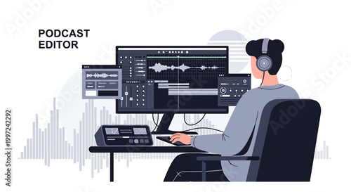 Podcast Editor Working on Audio Editing Software with Headphones at Desk