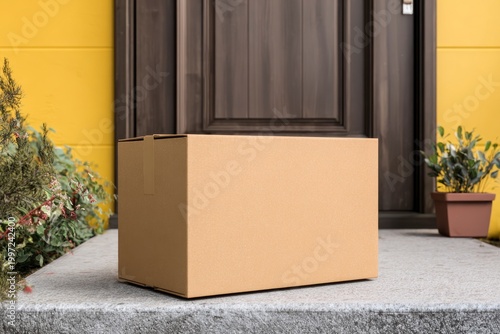 Blank cardboard box on doorstep, e-commerce delivery and online shopping mockup