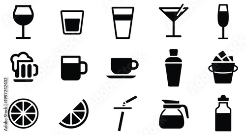 beverage icons and drinkware symbols collection, representing various types of drinks and serving items for menus, cafe, restaurant, and food service design.