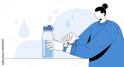 Woman checking smartwatch near water bottle, healthy lifestyle concept