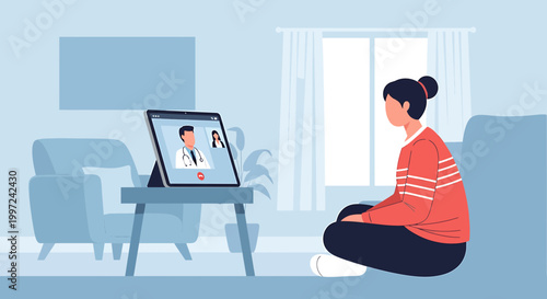 Woman consulting doctor online via video call on tablet at home, telemedicine concept
