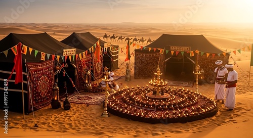 Traditional Bedouin Desert Camp Decorated with Oil Lamps and Festive Flags at Golden Sunset