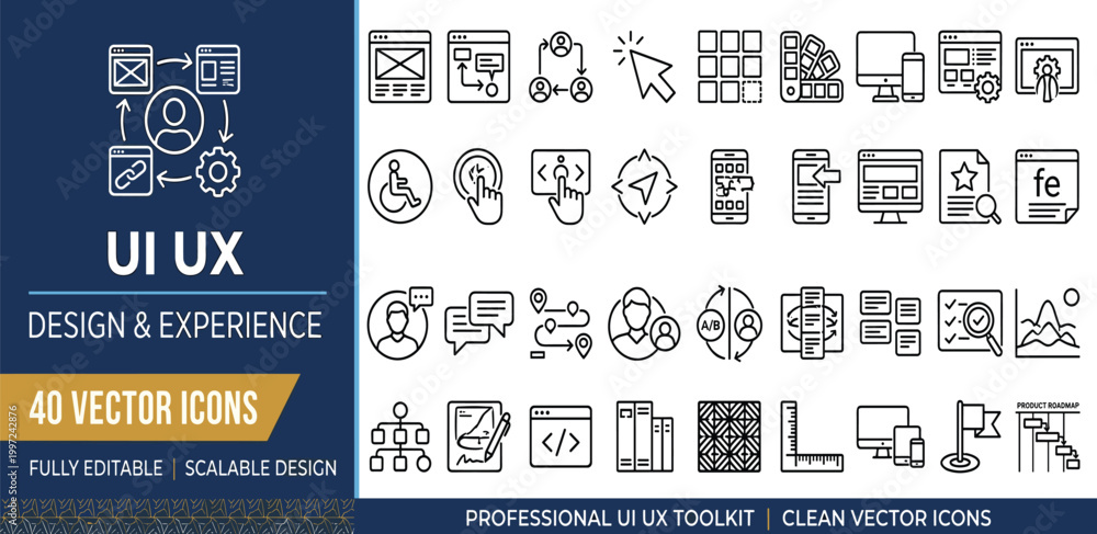 Fototapeta premium Professional UI UX Design and Experience Icons Toolkit - Fully Editable, Scalable, Clean Vector Graphics