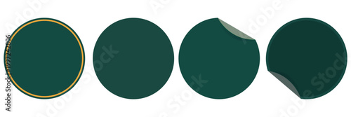 Vector dark green stickers set on white background. Includes green labels with golden border and peeled corners. Realistic 3D blank dark green badges for premium sales and branding.