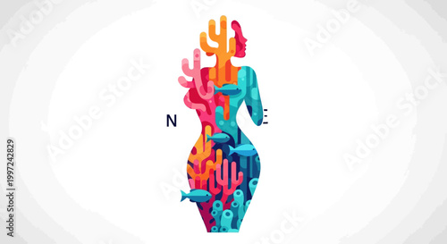 Abstract illustration of a womans silhouette filled with coral and marine life.
