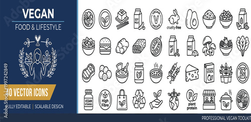 40 vector outline icons vegan food, plant-based lifestyle. Healthy eating, sustainable living, cruelty-free concepts for modern design projects