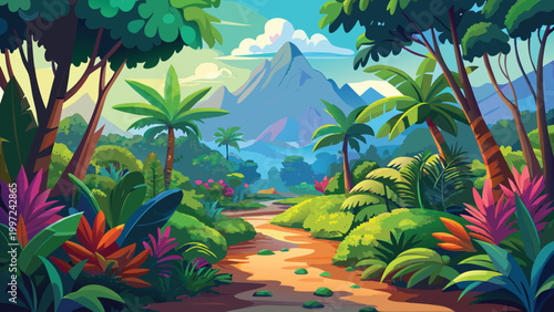 A colorful tropical jungle landscape with a winding dirt path leading toward a large mountain under a bright summer sky Vector