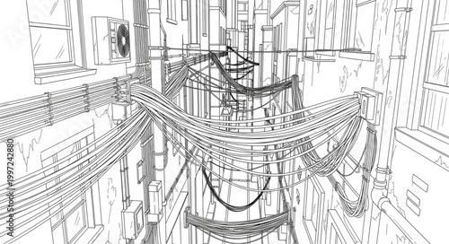 Abstract digital art with distorted lines and shapes creating a futuristic cityscape.