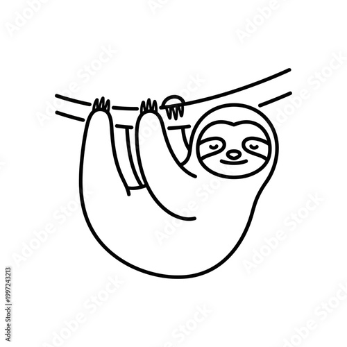 Adorable sloth hanging upside down on a tree branch, smiling happily, line art illustration.
