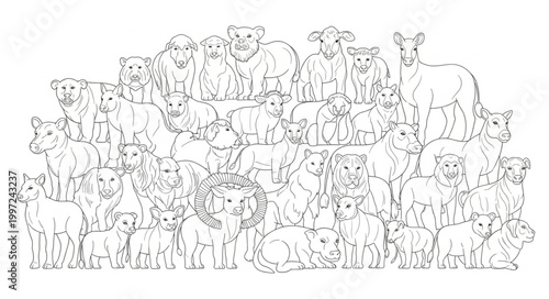 A large group of diverse animals gathered together in a single image.