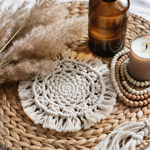 Boho Decor Flatlay with Macrame Coaster, Pampas Grass, Amber Glass Bottle, Ceramic Beads and Neutral Candle on Woven Rattan in Soft Natural Light