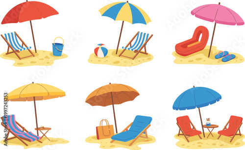 Summer beach vector set, umbrellas, lounge chairs, seaside relaxation accessories, vacation travel illustration collection for design