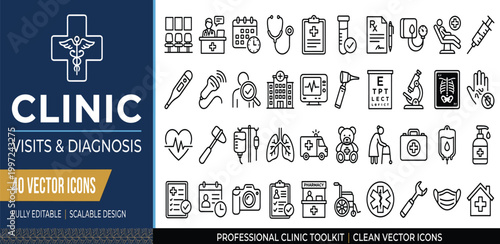 Professional Clinic Visits and Diagnosis Vector Icon Set for Medical Healthcare and Professional Services