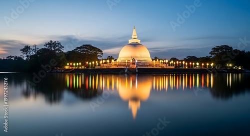 Illuminated White Buddhist Stupa Perfectly Reflected in a Calm Lake at Dusk