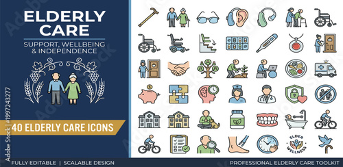 40 Elderly Care Icons Support, Independence, and Well-being for Seniors
