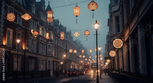 Traditional Paper Lanterns Hanging Across a Misty London Street with Classic Architecture at Dusk