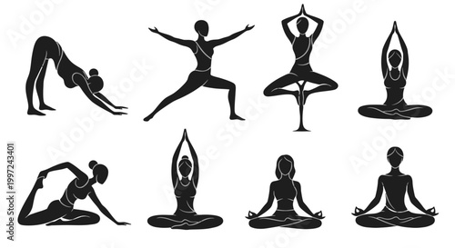 Diverse Set of Women Silhouettes Performing Various Yoga Poses for Health and Wellness on an Isolated White Background